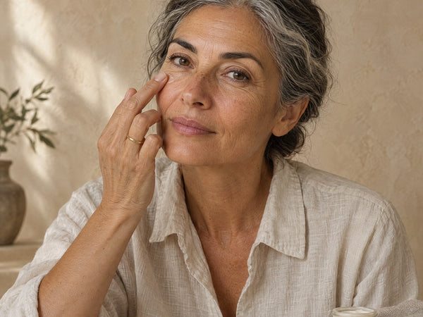A woman in her fifties touching the skin beside her eye, a plain jar of cream on the table.