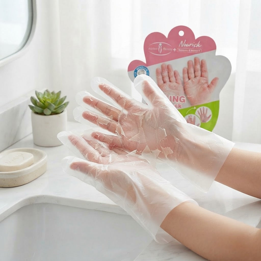 Hands wearing the clear peeling hand mask gloves