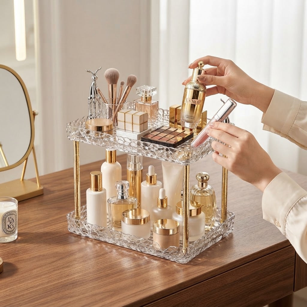 A hand taking makeup from the two-tier organiser on a dressing table
