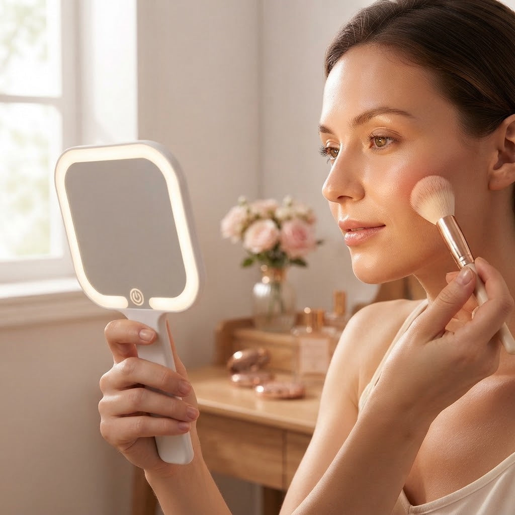 A woman applying blusher while holding the square LED mirror