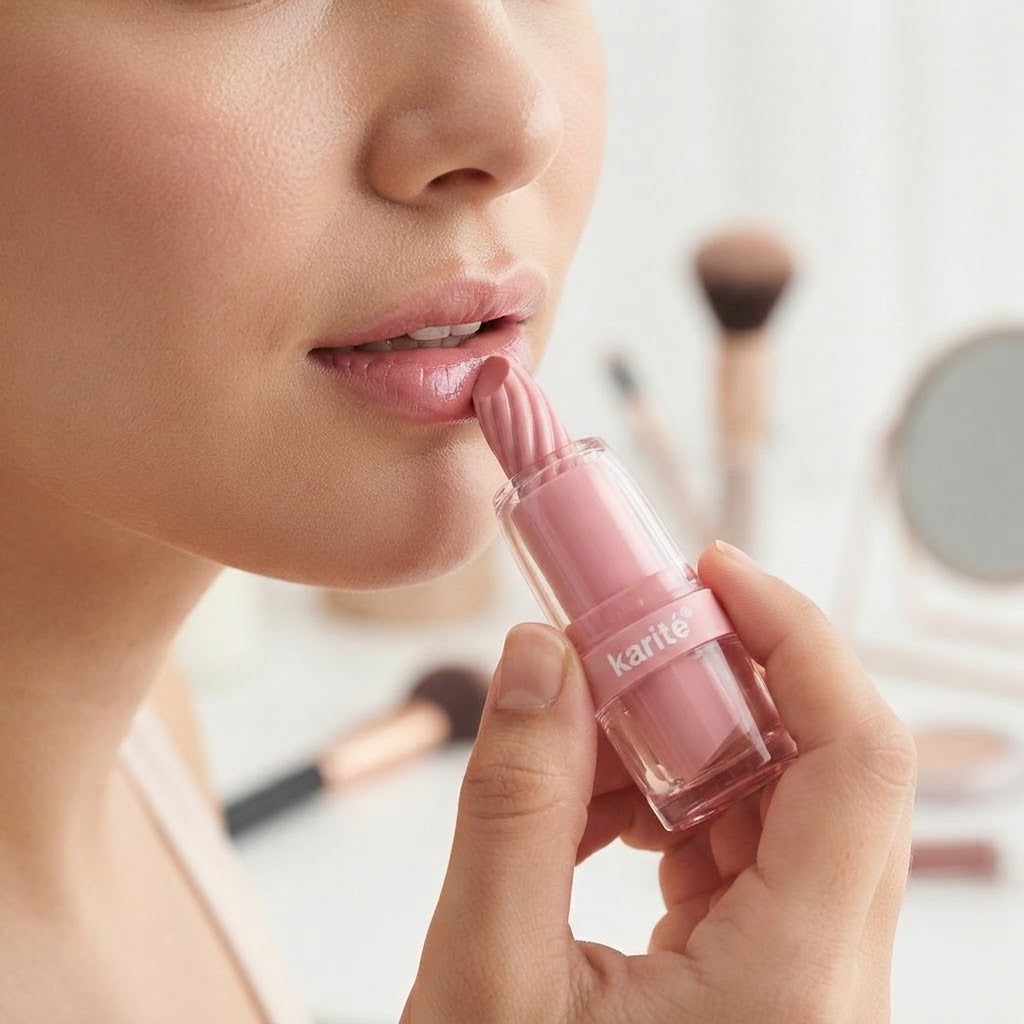 A woman putting on the pink lip oil