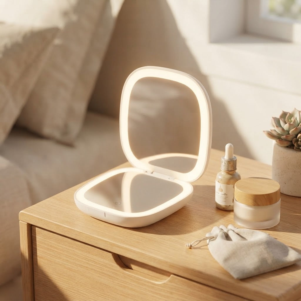 The folding travel mirror lit on a wooden bedside table