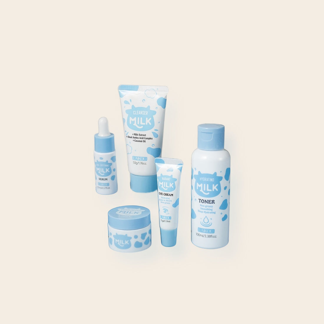 The Milk five-piece skincare set on a Shell ground with one soft shadow.