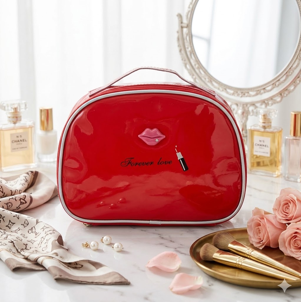 The red patent case on a dressing table with roses