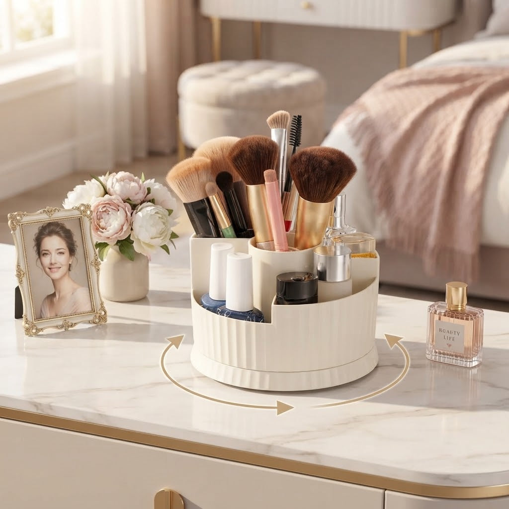 The rotating brush organiser on a marble dressing table