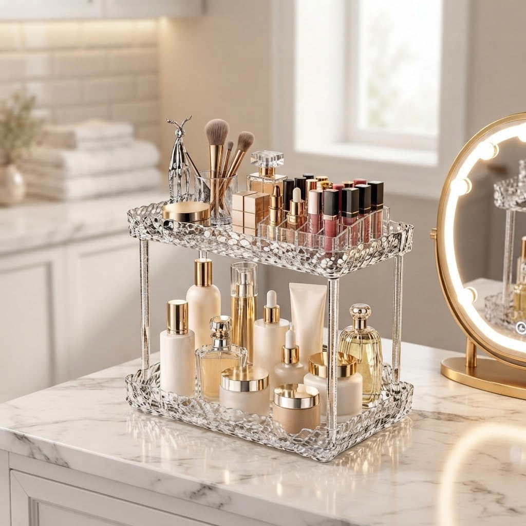 Two-tier clear ripple vanity organiser holding makeup and perfume