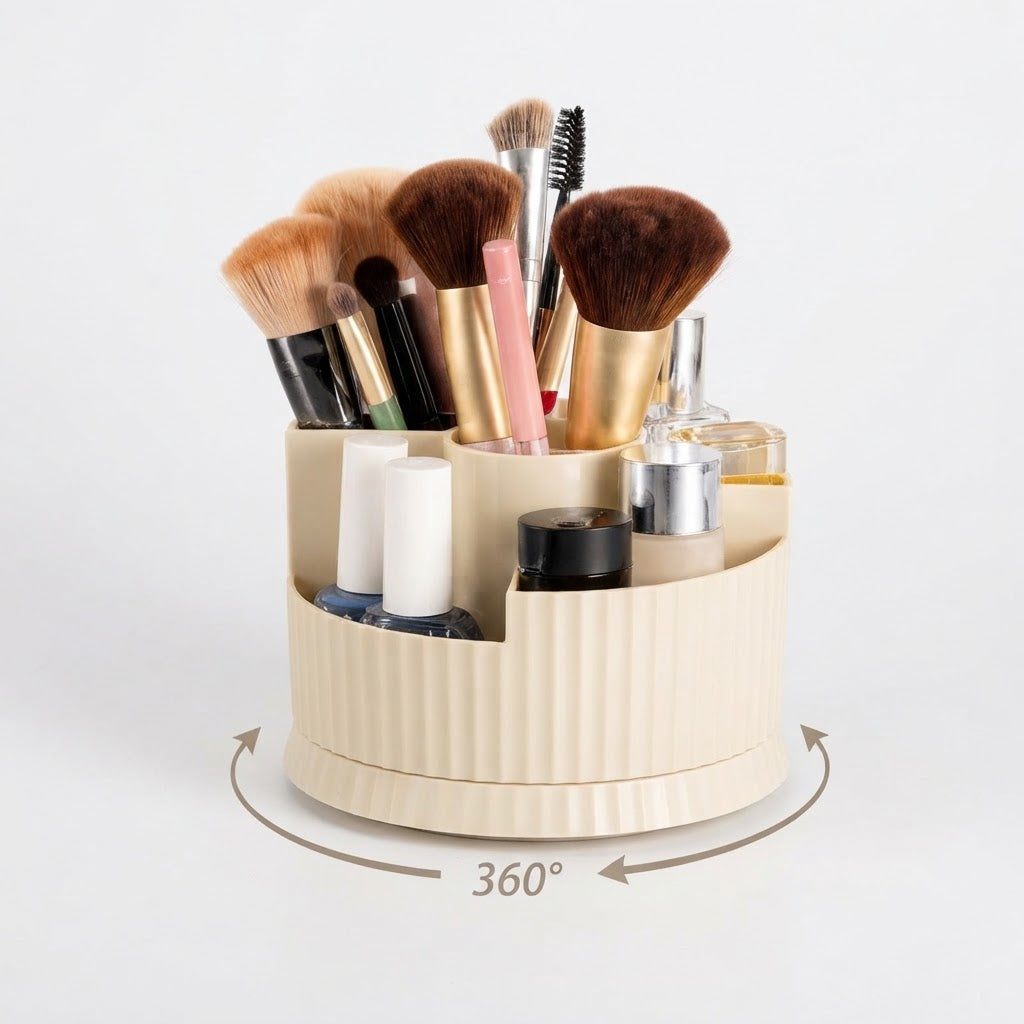 Cream rotating makeup brush organiser filled with brushes and makeup