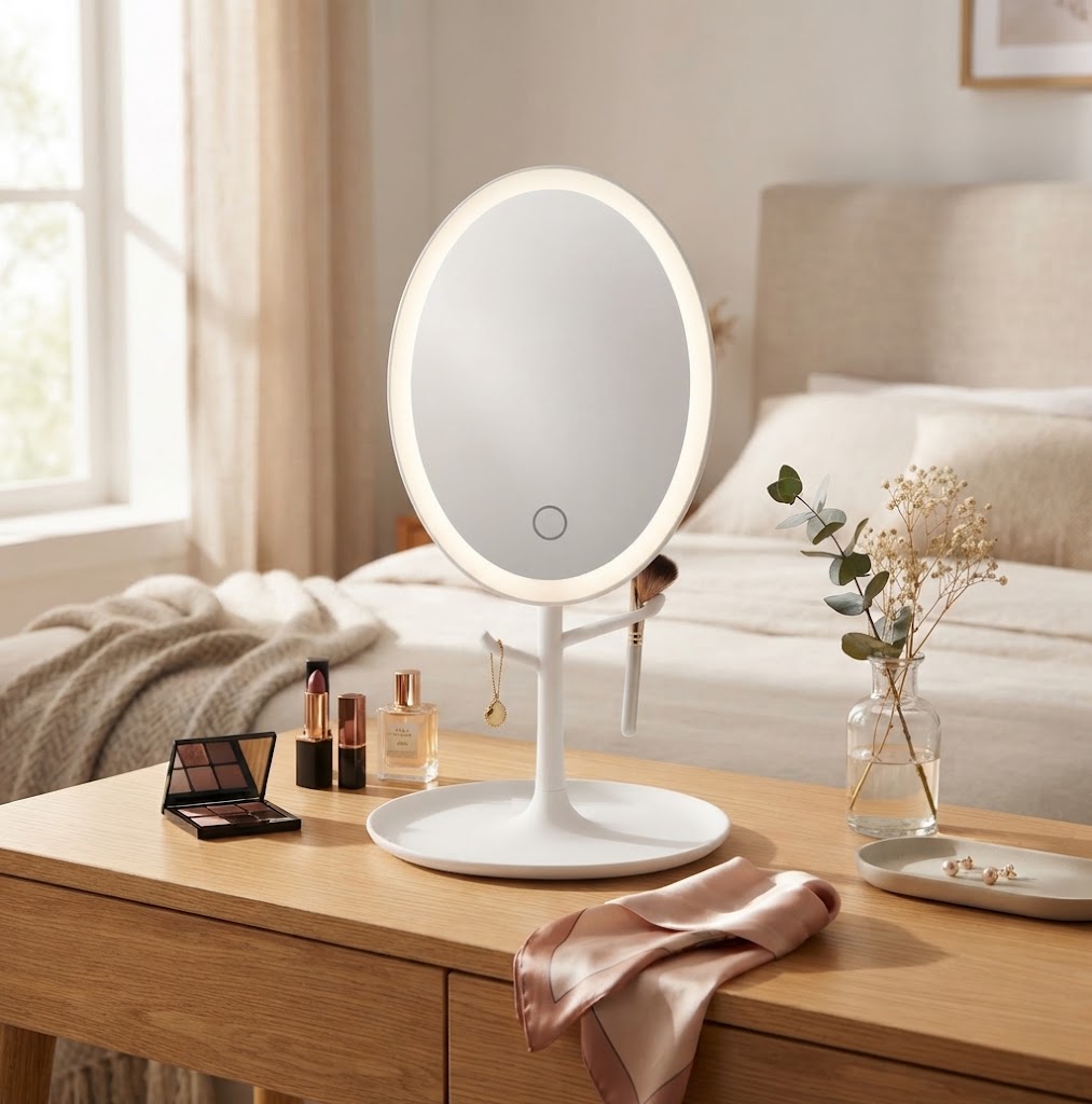 The oval LED mirror lit on a wooden dressing table