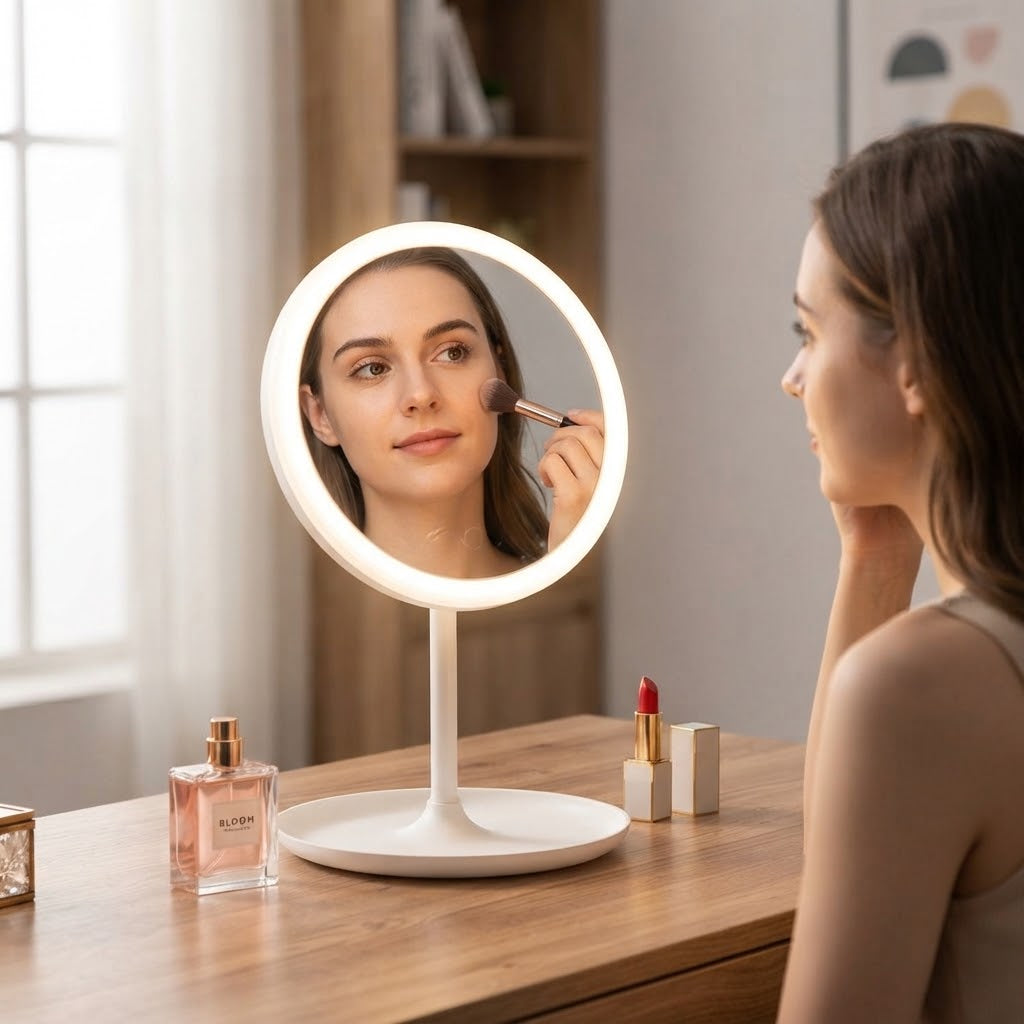 A woman doing her makeup in the lit LED vanity mirror