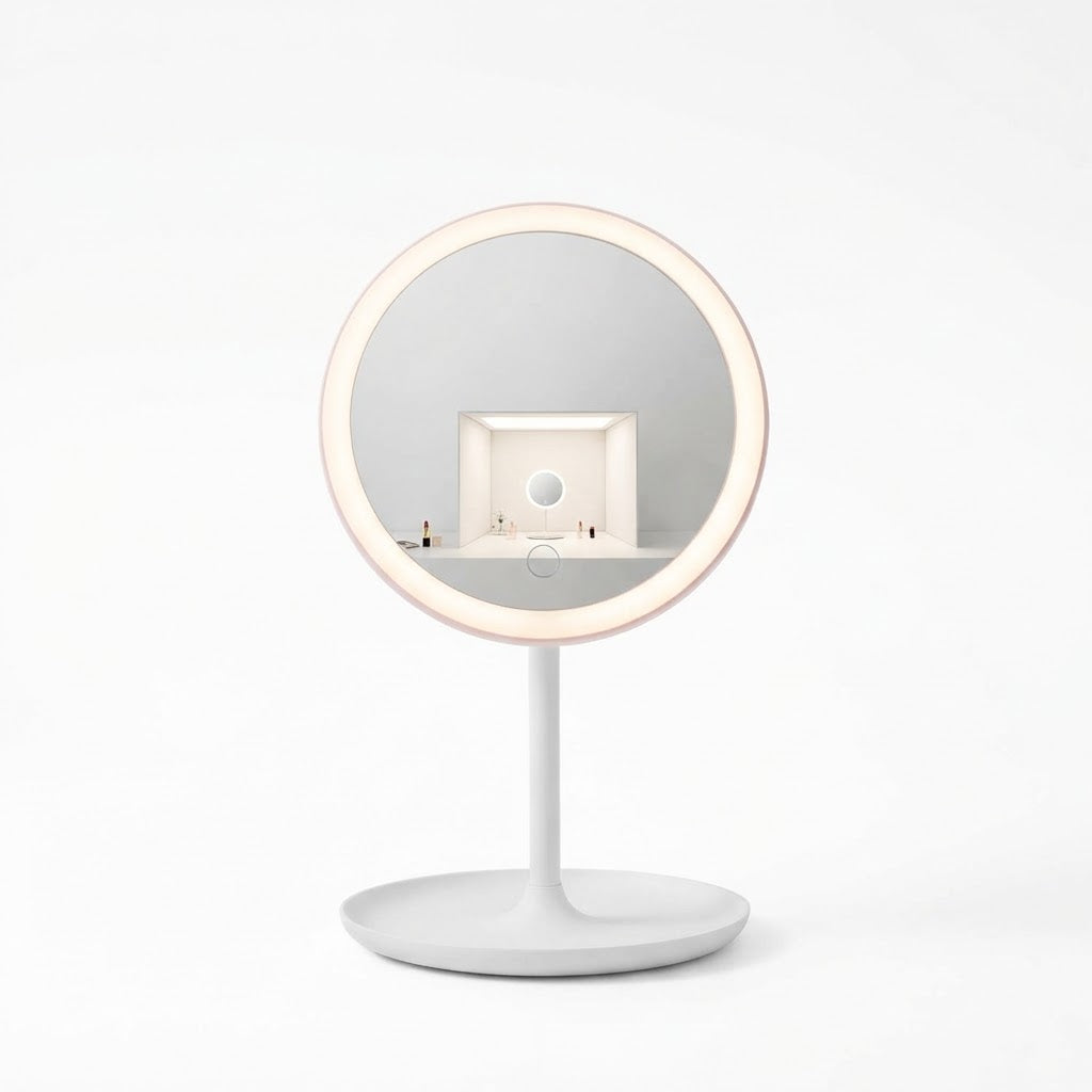 White round LED vanity mirror on a stand with a tray base