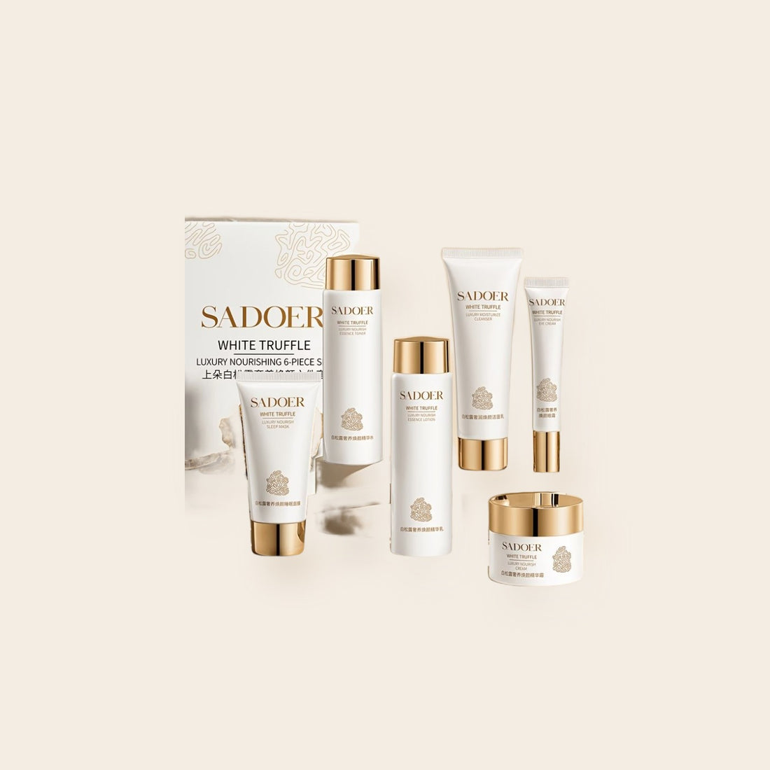 The Sadoer White Truffle six-piece set on a Shell ground with one soft shadow.