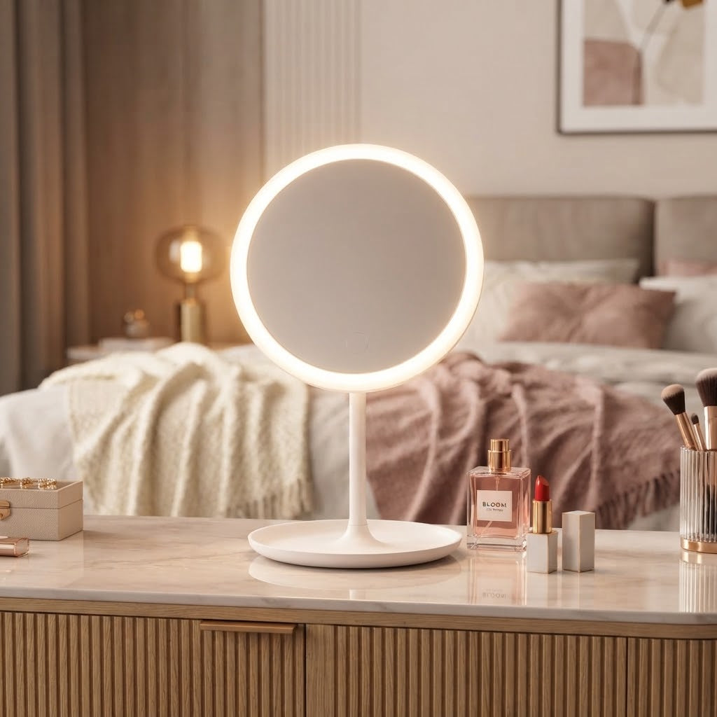 The LED vanity mirror lit up on a dressing table in a bedroom