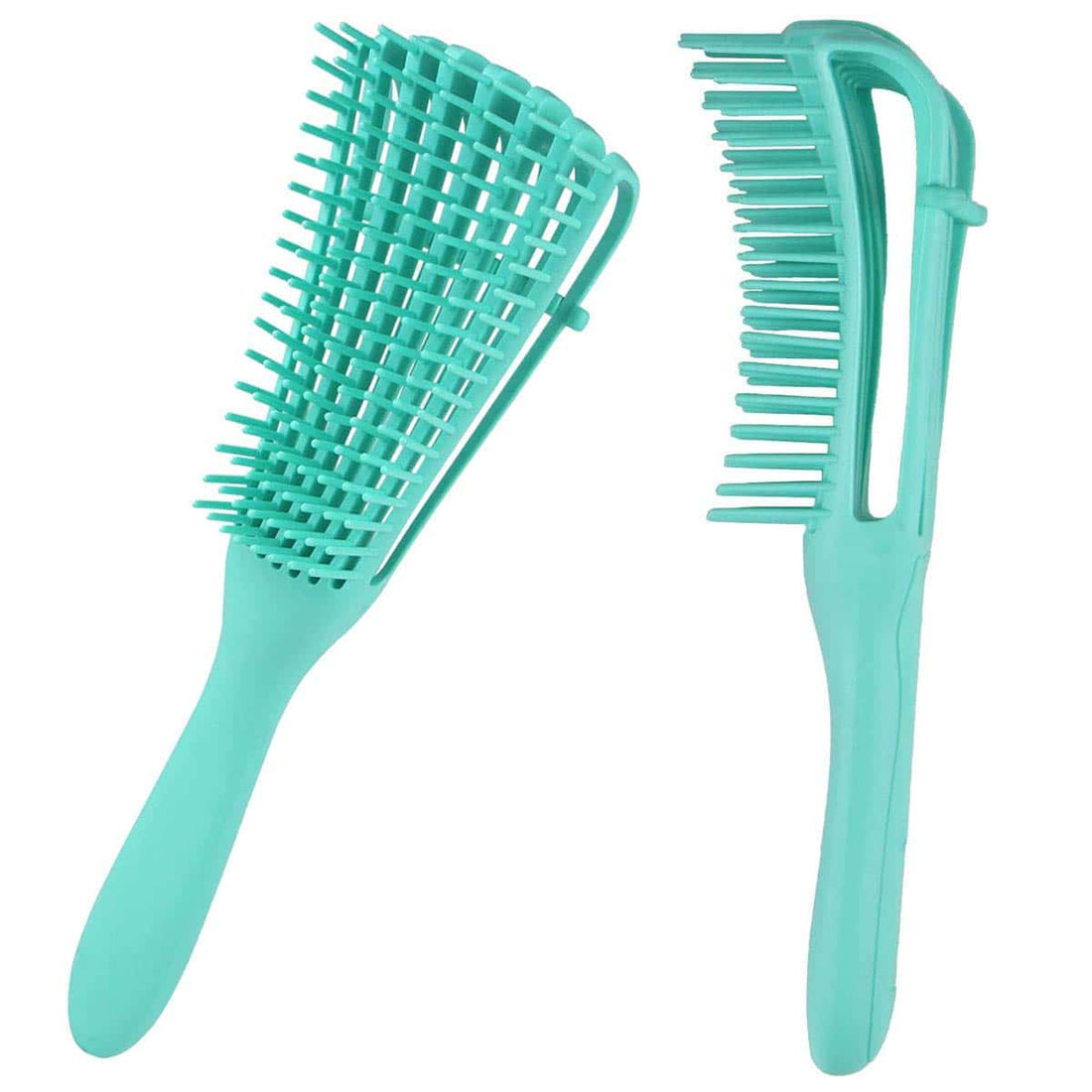 Two turquoise flexible detangling brushes, front and side