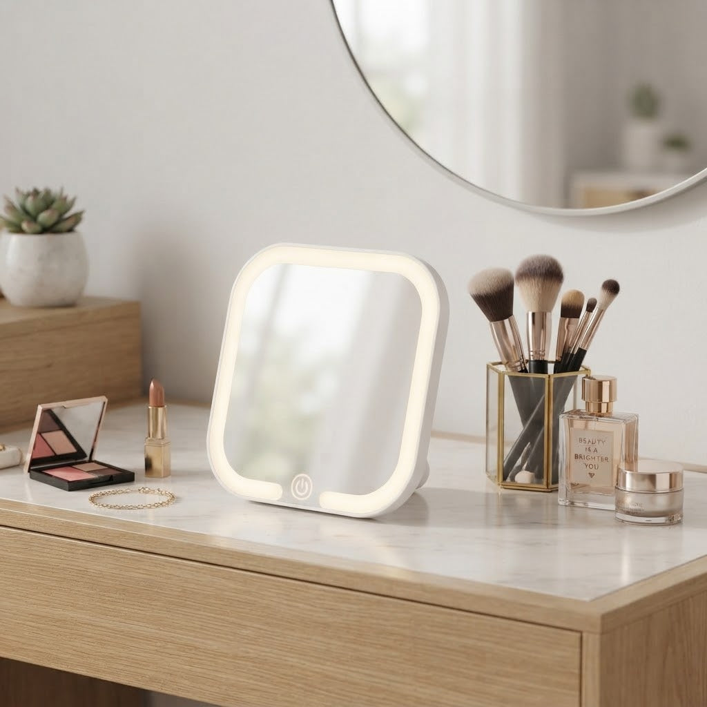 The square LED mirror standing on a dressing table