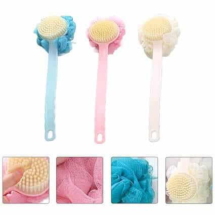 Bath brushes in blue, pink and cream, with close-ups of the bristles and loofah