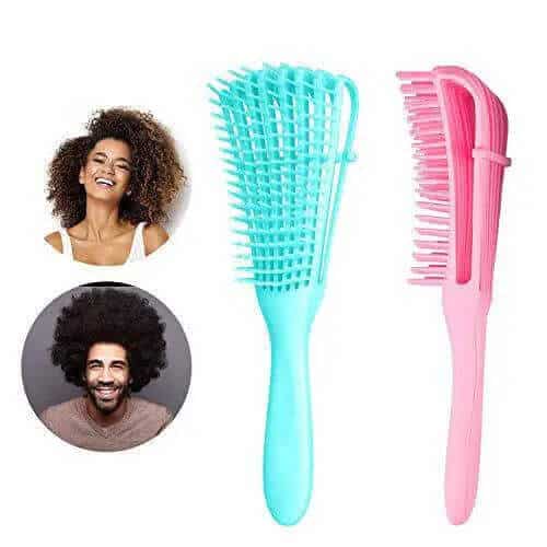 Turquoise and pink detangling brushes beside photos of natural, curly hair