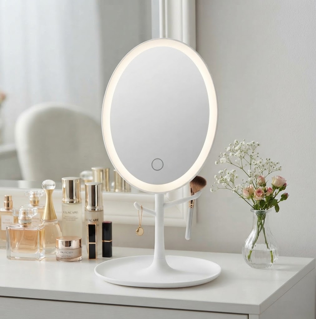 The oval LED mirror on a white dresser with flowers