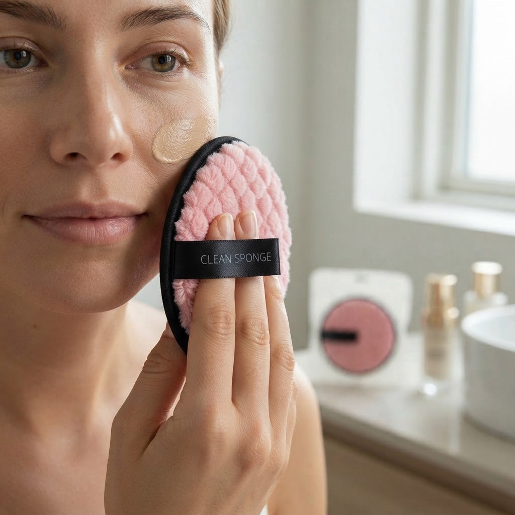 A woman wiping her face with the makeup remover pad