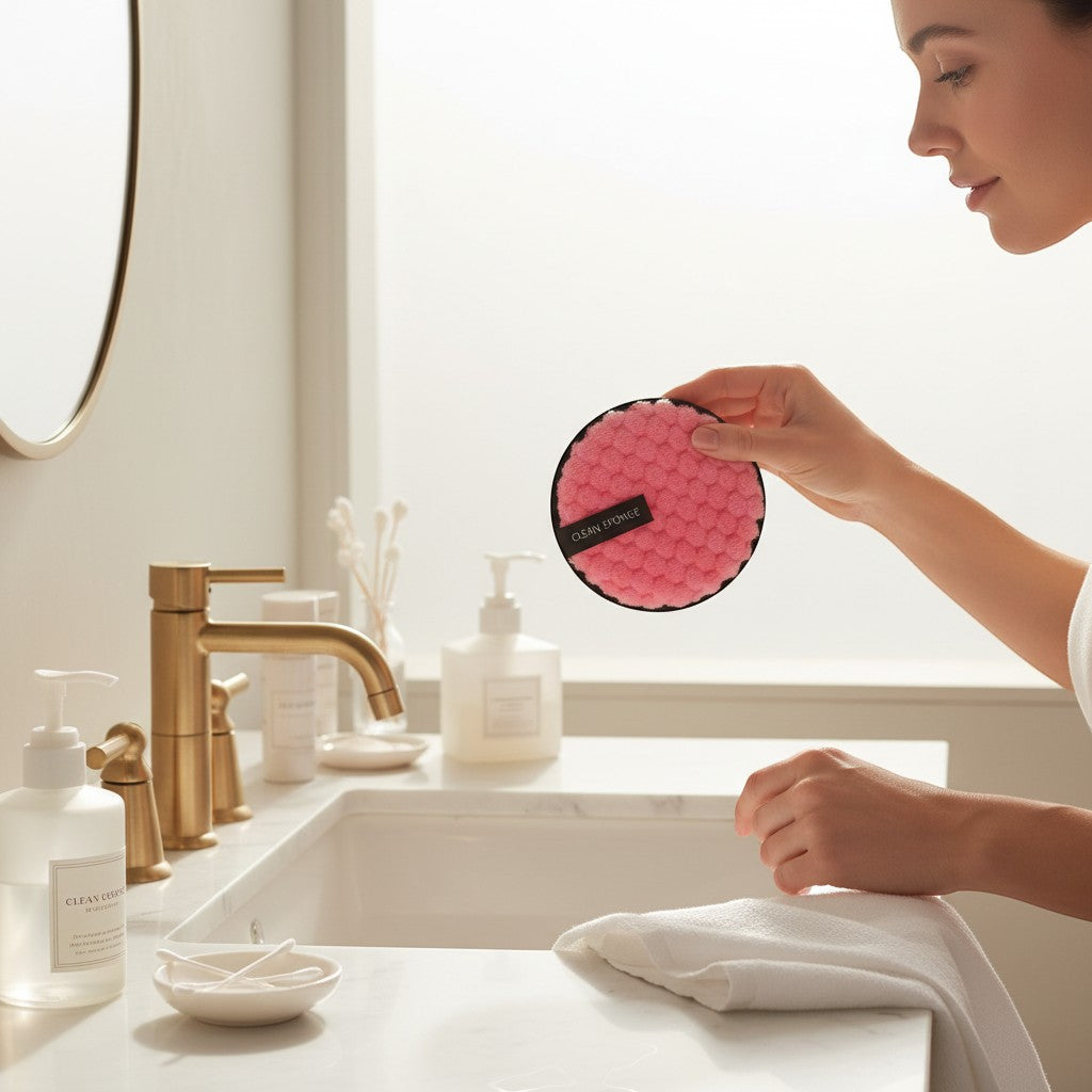 The makeup remover pad being rinsed at a basin