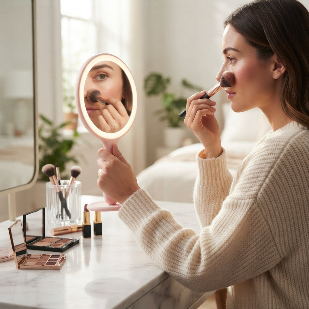 A woman doing her makeup with the pink LED hand mirror