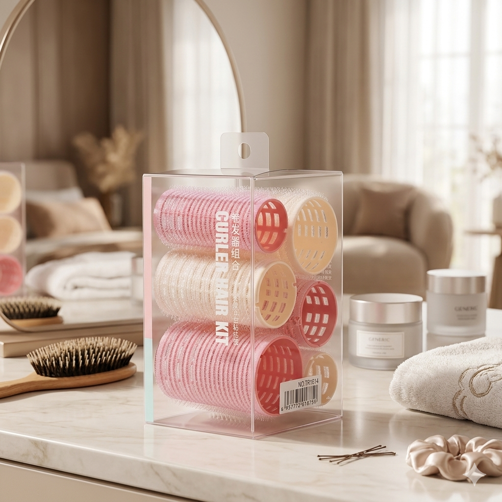 The box of self-grip rollers on a dressing table