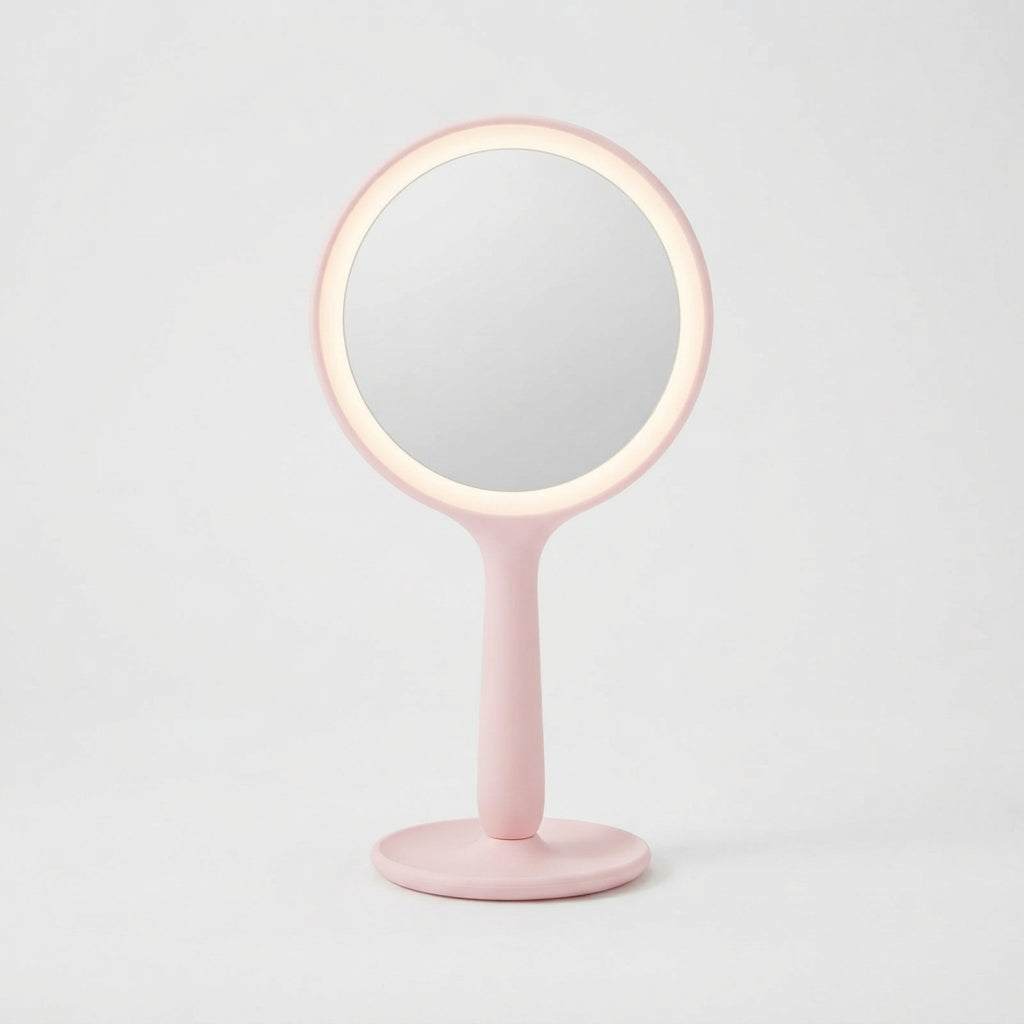 Pink LED hand mirror on its stand
