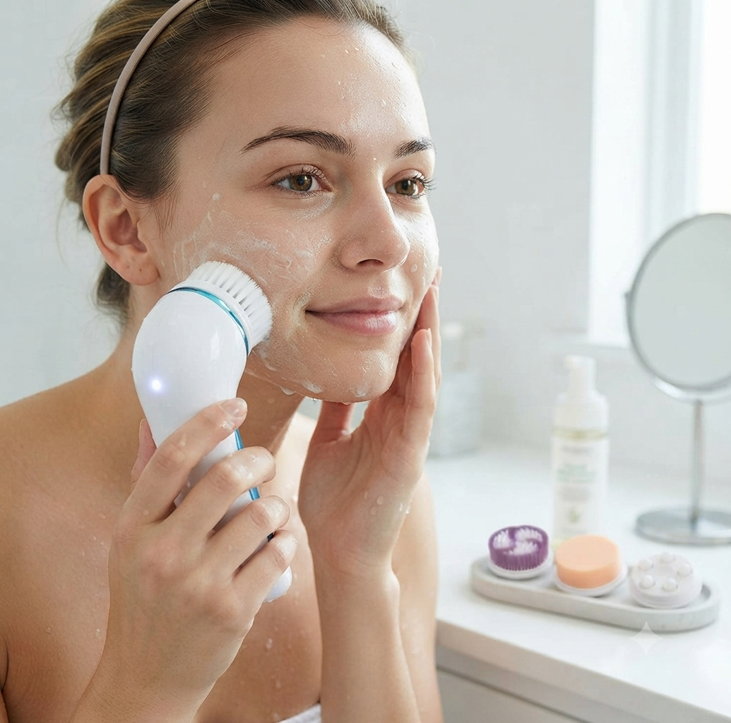 A woman cleansing her face with the facial brush