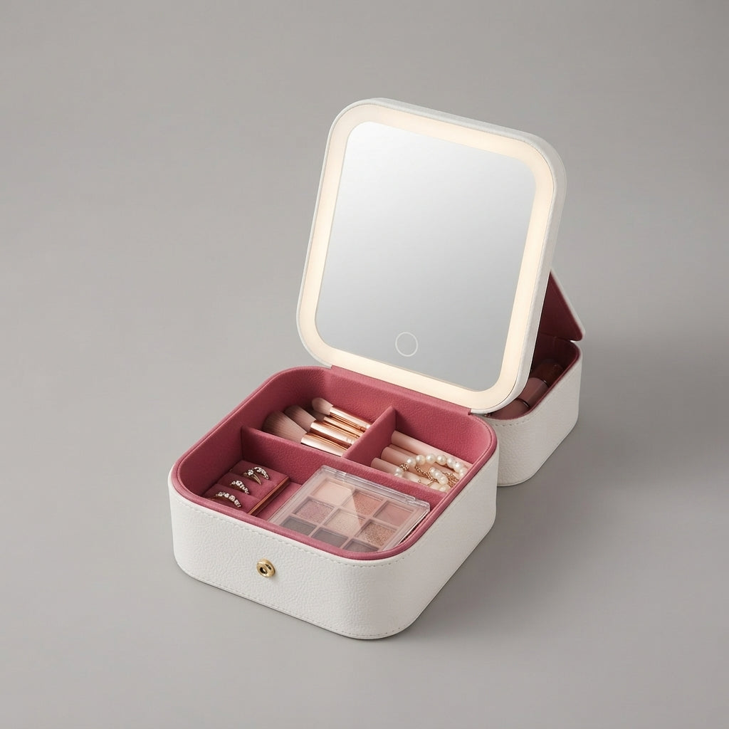 The jewellery box open, showing compartments with jewellery inside