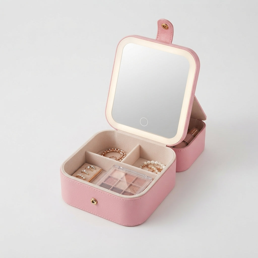 Pink jewellery box with a lit LED mirror in the lid