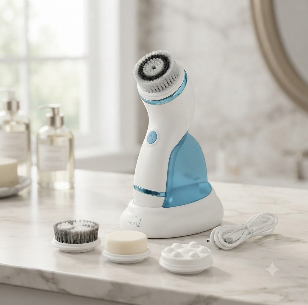 White and blue 4-in-1 facial cleansing brush on its stand, with three heads and a charging cable
