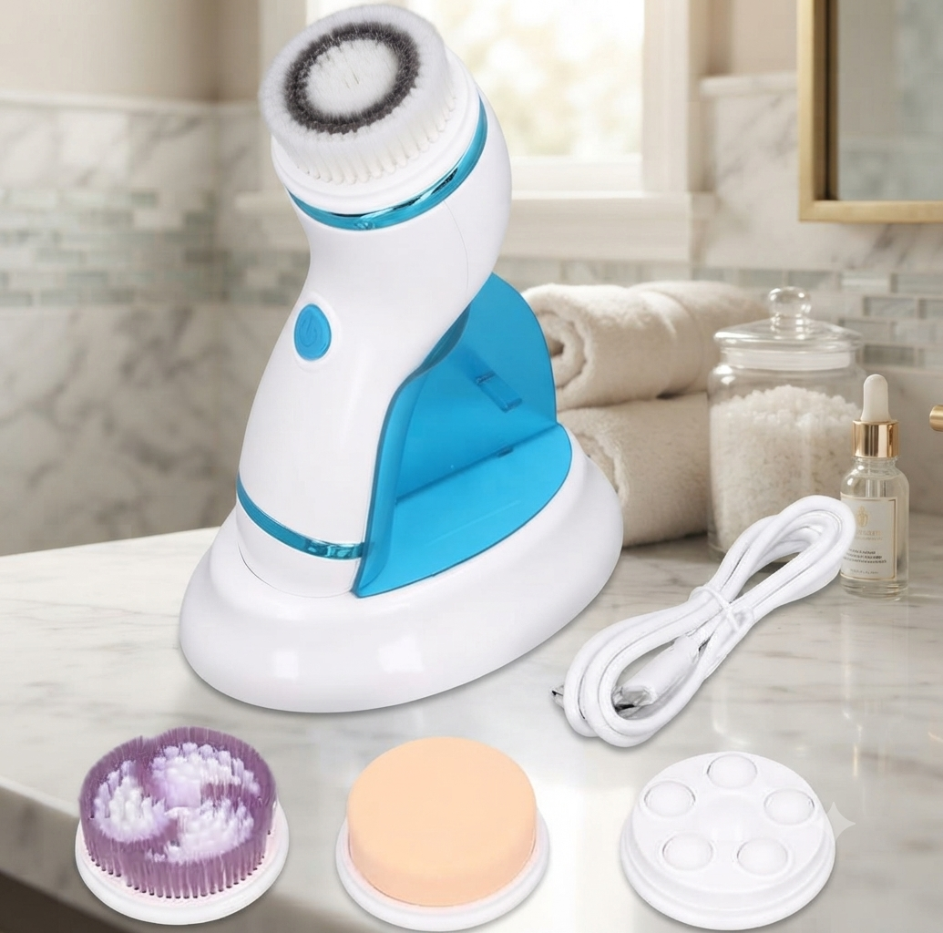 The facial cleansing brush with its four heads and charging cable