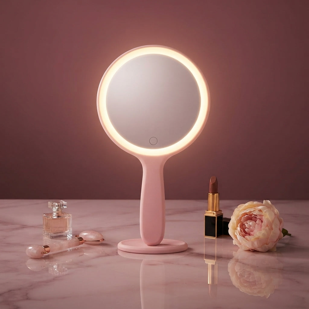 The pink LED mirror lit on a dressing table