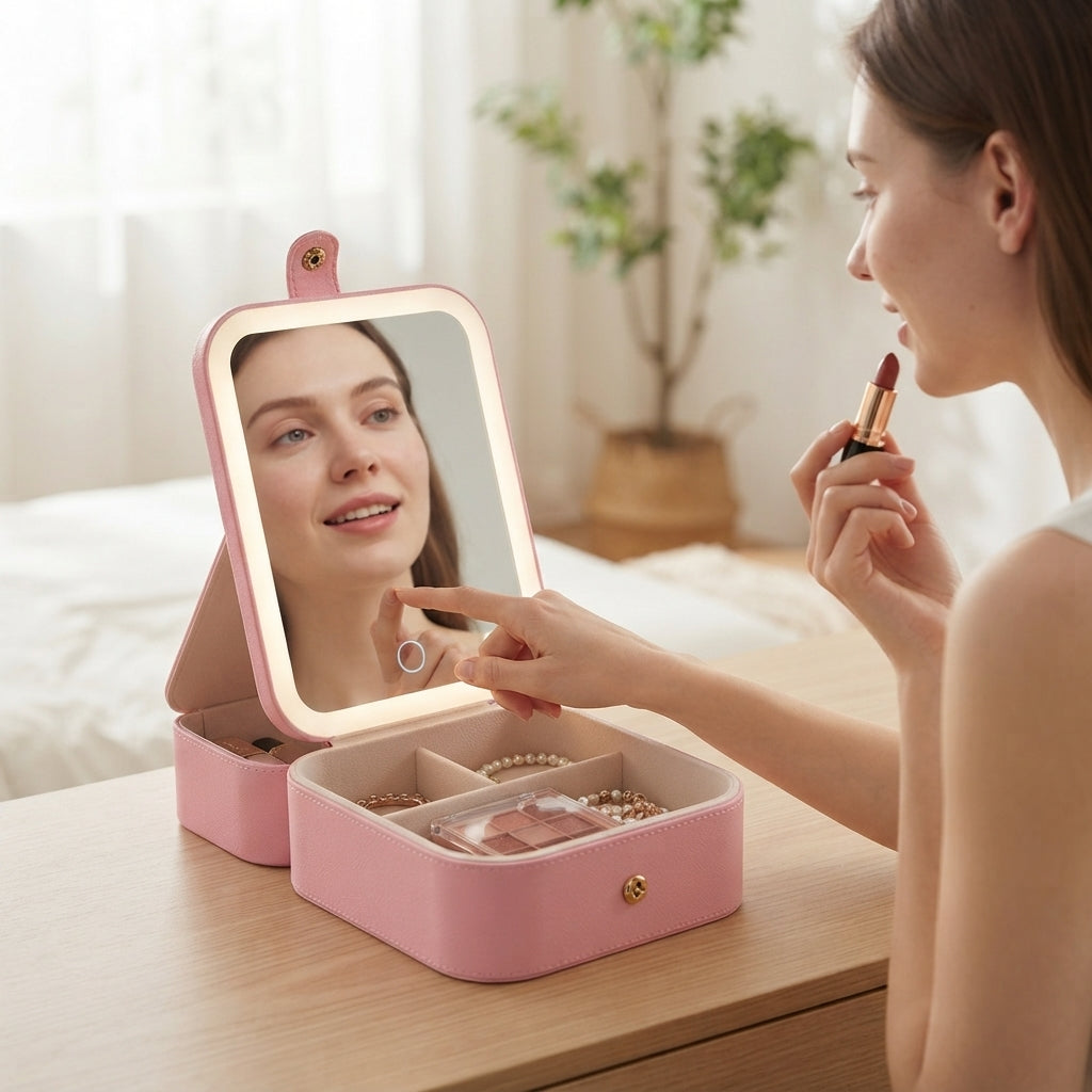 A woman doing her lipstick in the jewellery box mirror