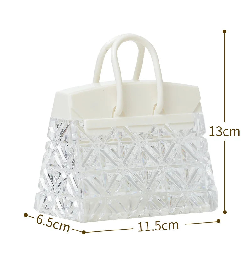 The crystal handbag lamp with its size marked: 13 cm high, 11.5 cm wide, 6.5 cm deep