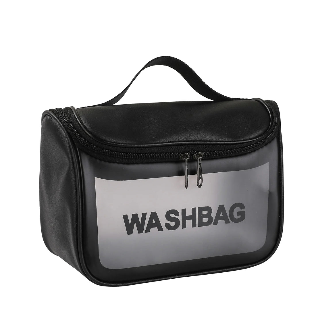 Black frosted washbag with a handle and the word WASHBAG