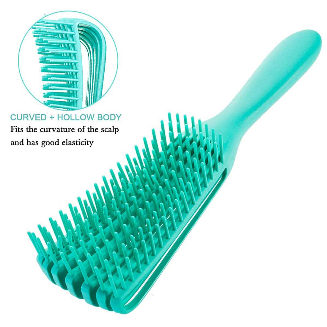The turquoise detangling brush, showing its curved, hollow body