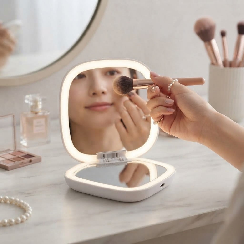 A woman applying blusher in the folding LED travel mirror