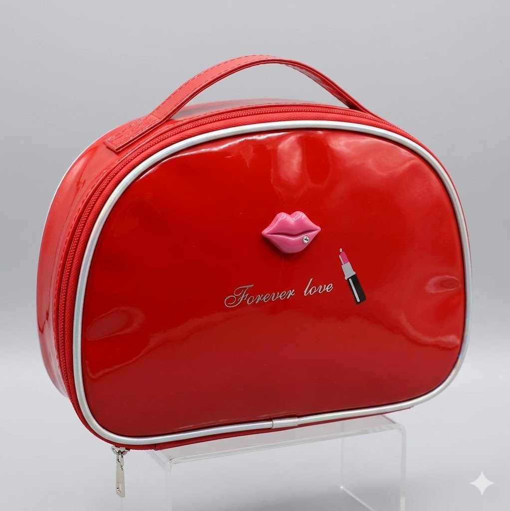 Red patent makeup case with a lips motif