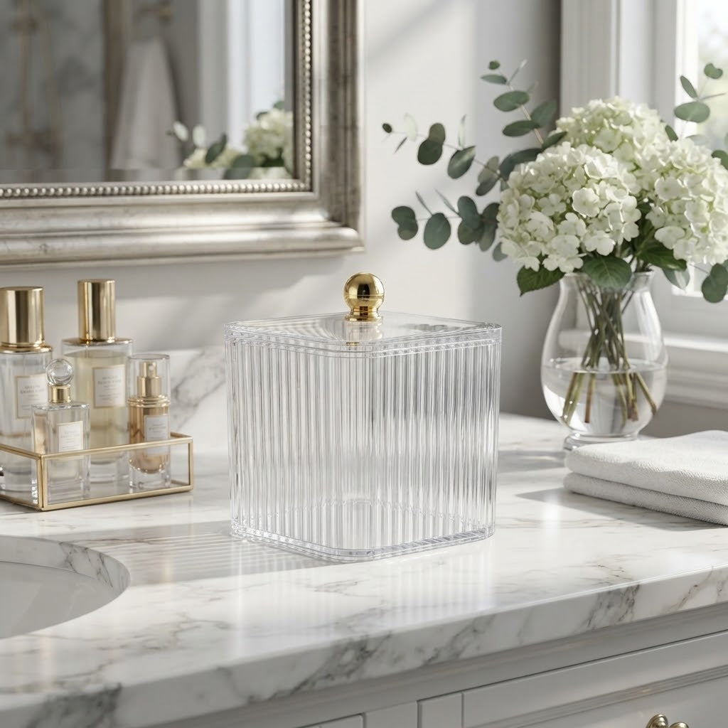 The ribbed storage jar on a bathroom counter