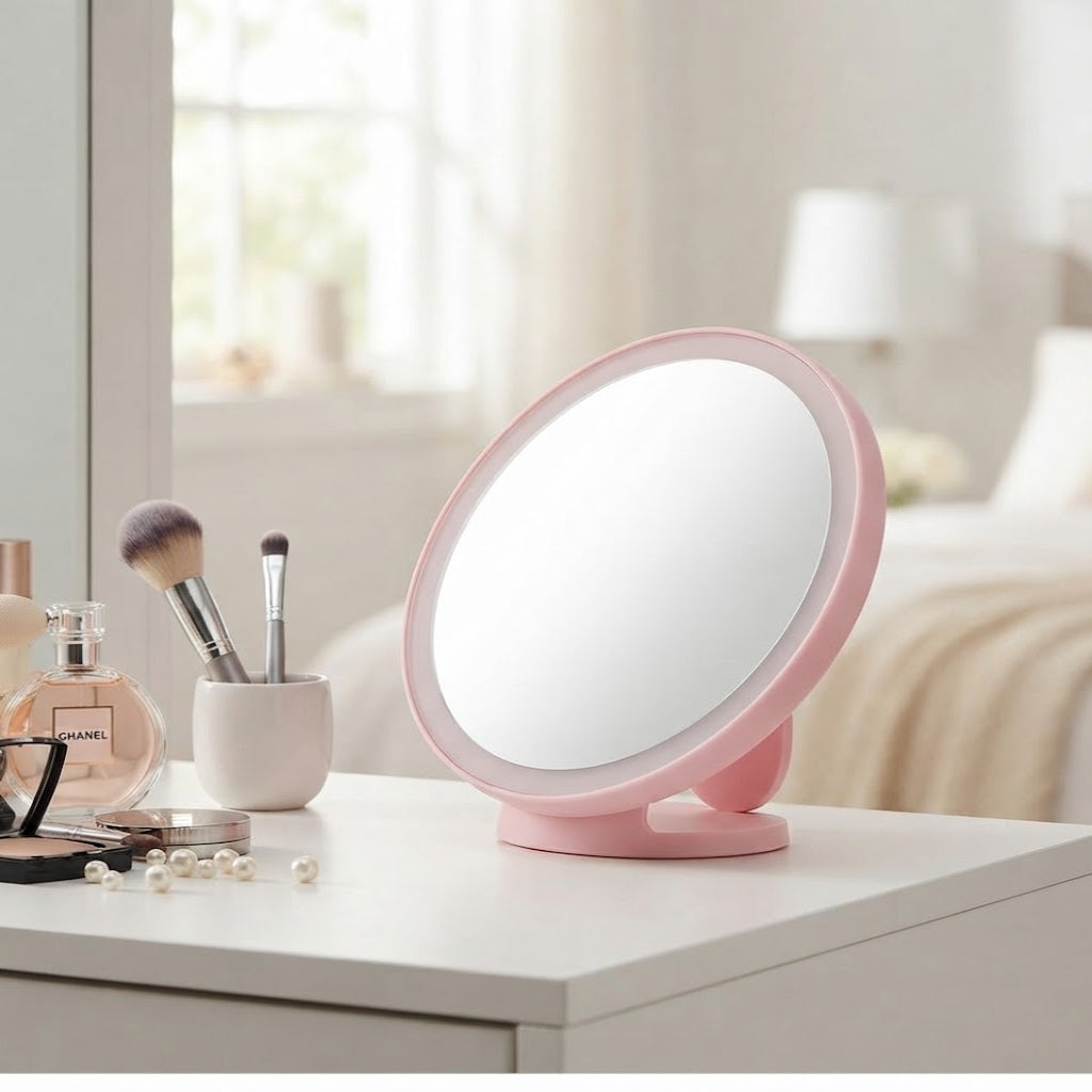 The round pink mirror on a dressing table