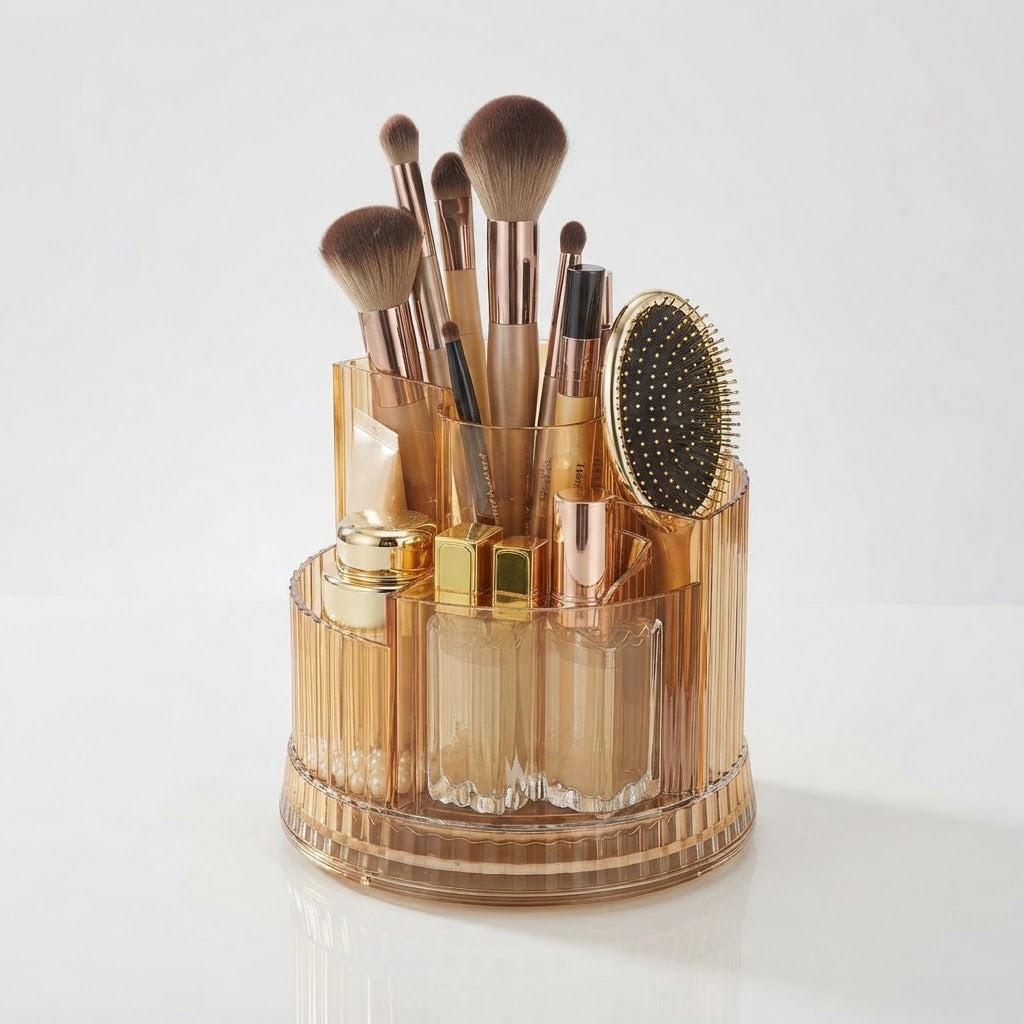 Amber rotating brush organiser filled with makeup brushes