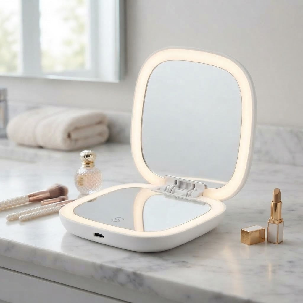 White folding LED travel mirror open and lit on a marble counter