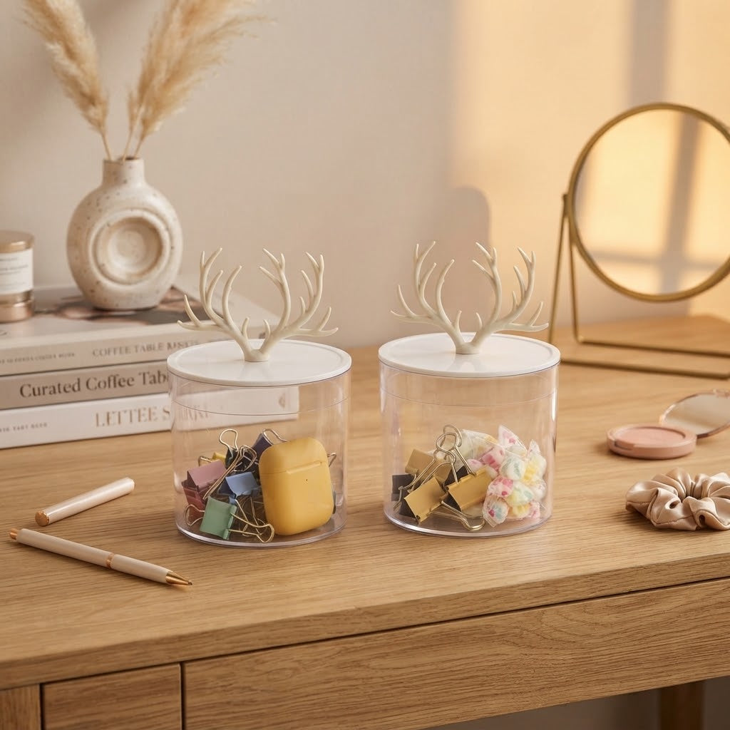 Two antler lid jars on a desk