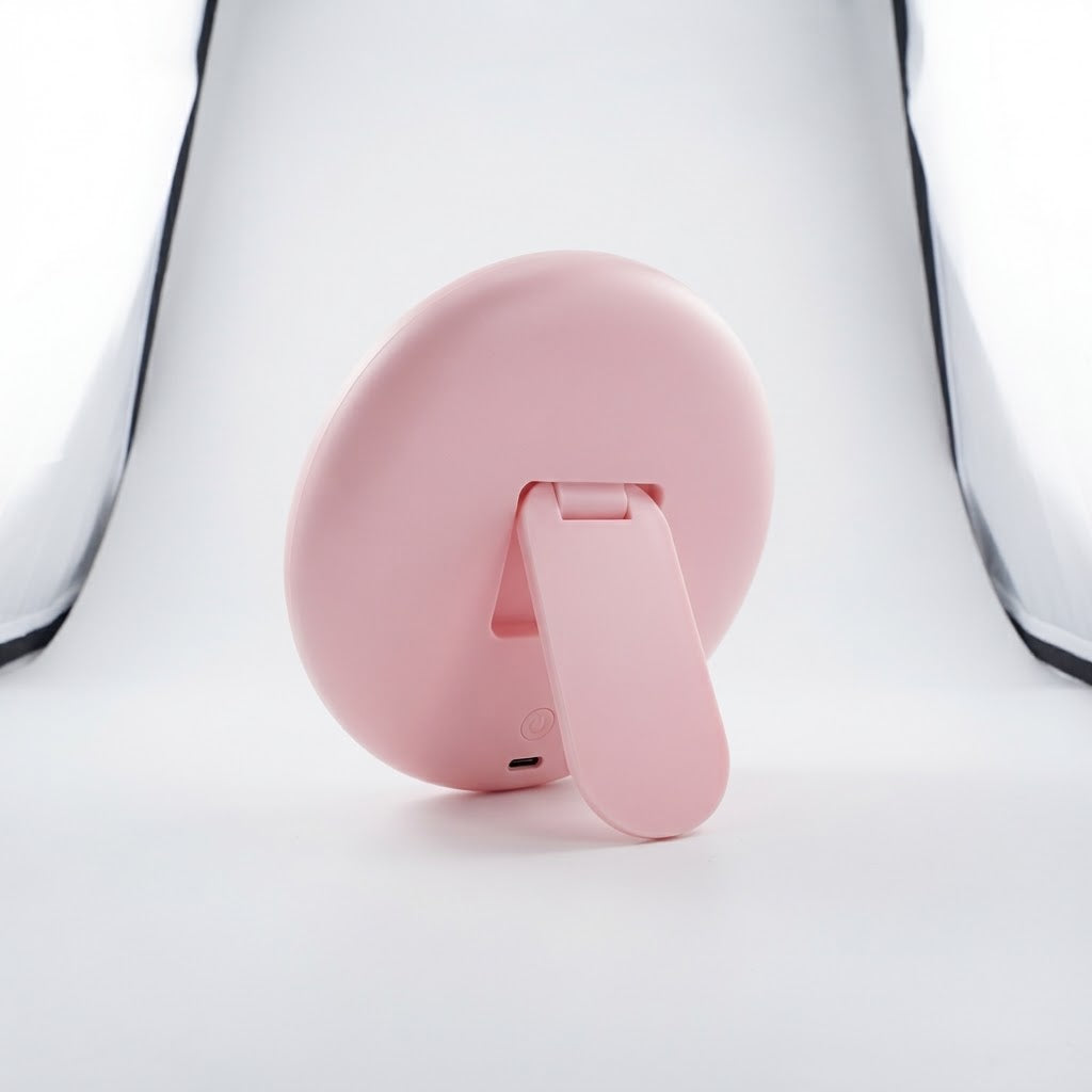 The back of the round pink mirror, showing its fold-out stand