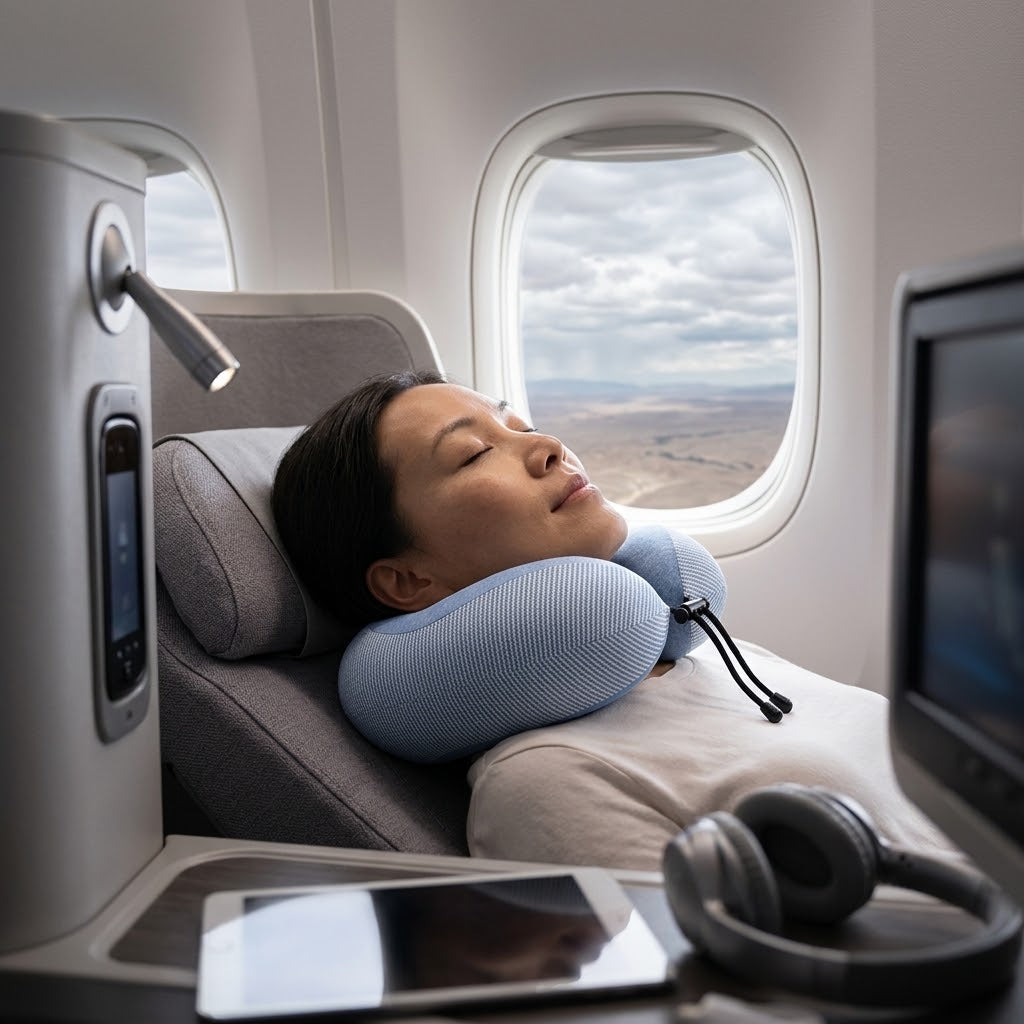 A woman asleep on a plane wearing the blue neck pillow