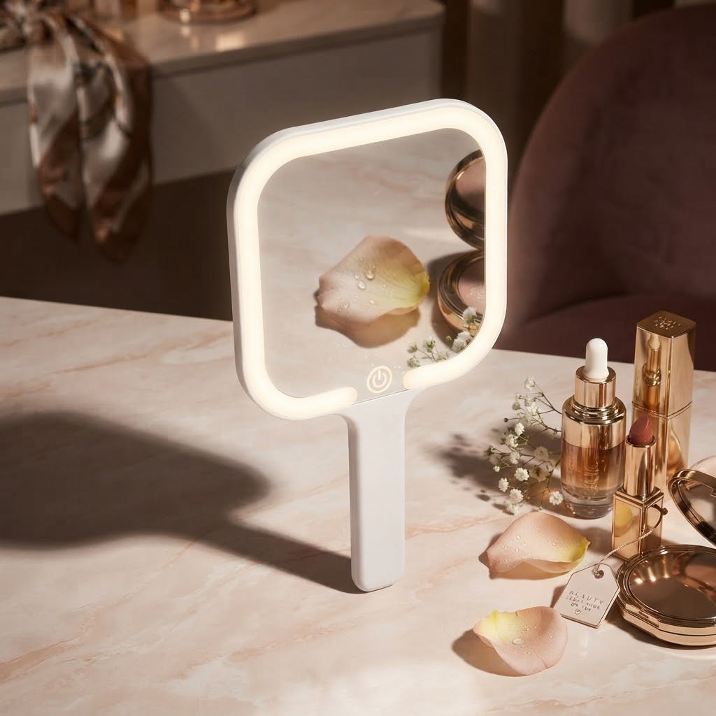 The square LED mirror lit among rose petals