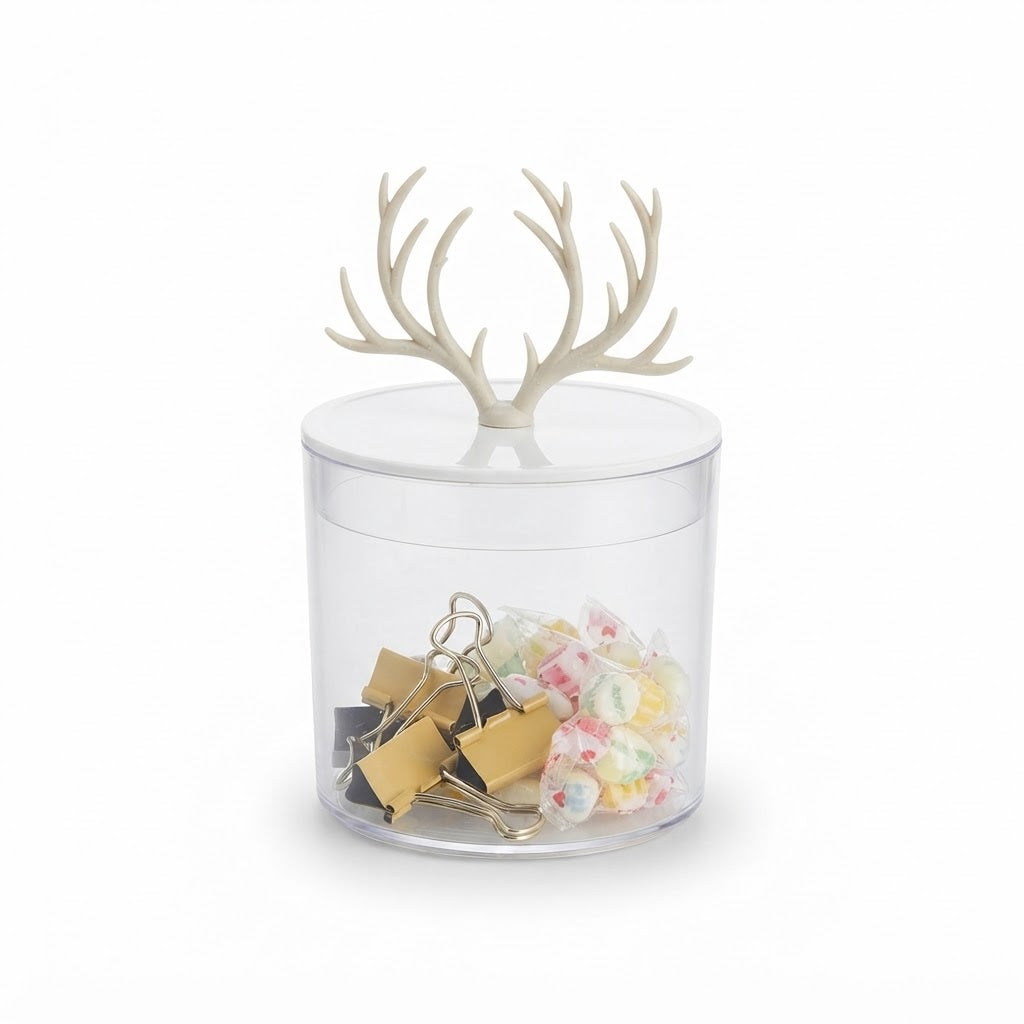 Clear storage jar with an antler lid, holding clips and hair ties