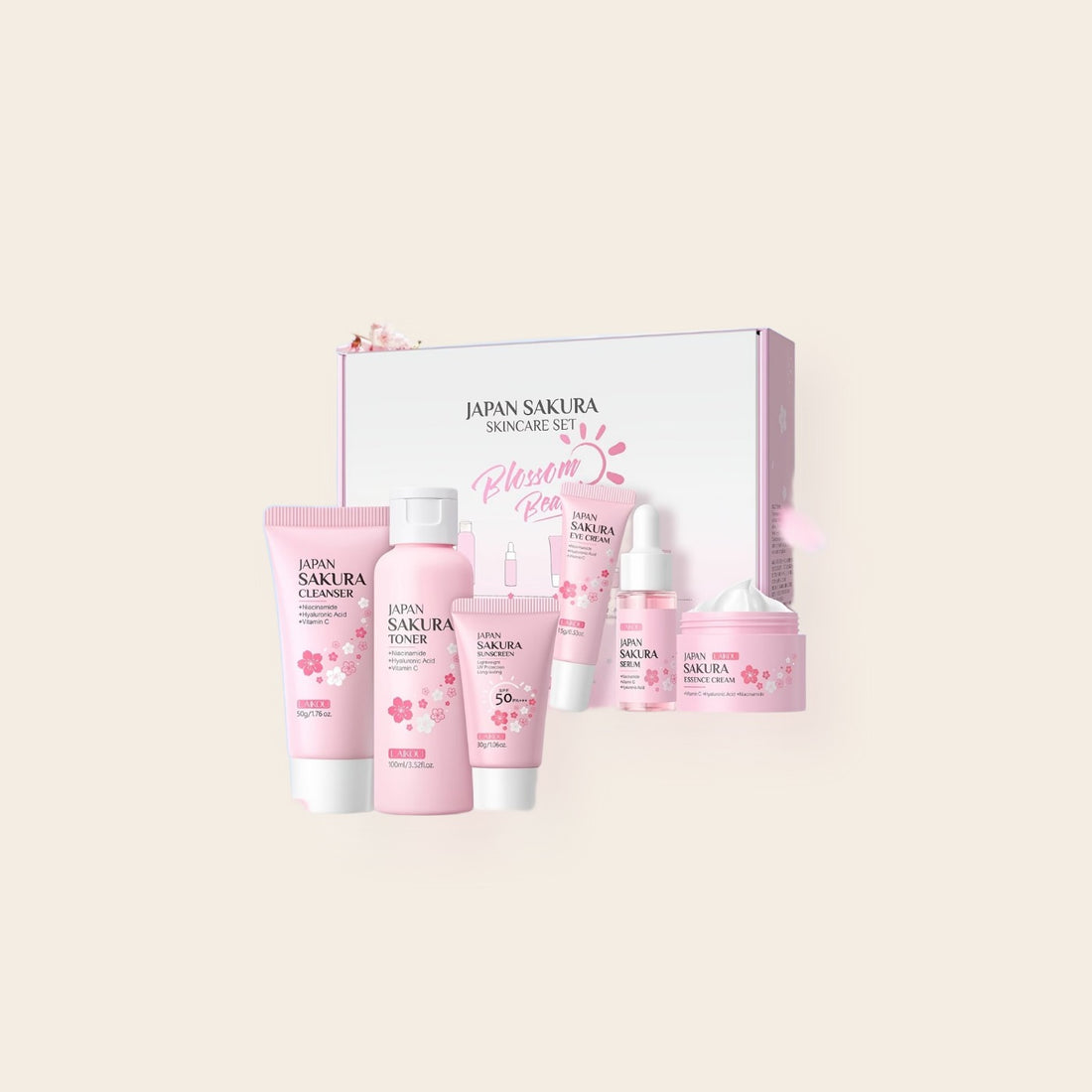The Sakura six-piece skincare set on a Shell ground with one soft shadow.