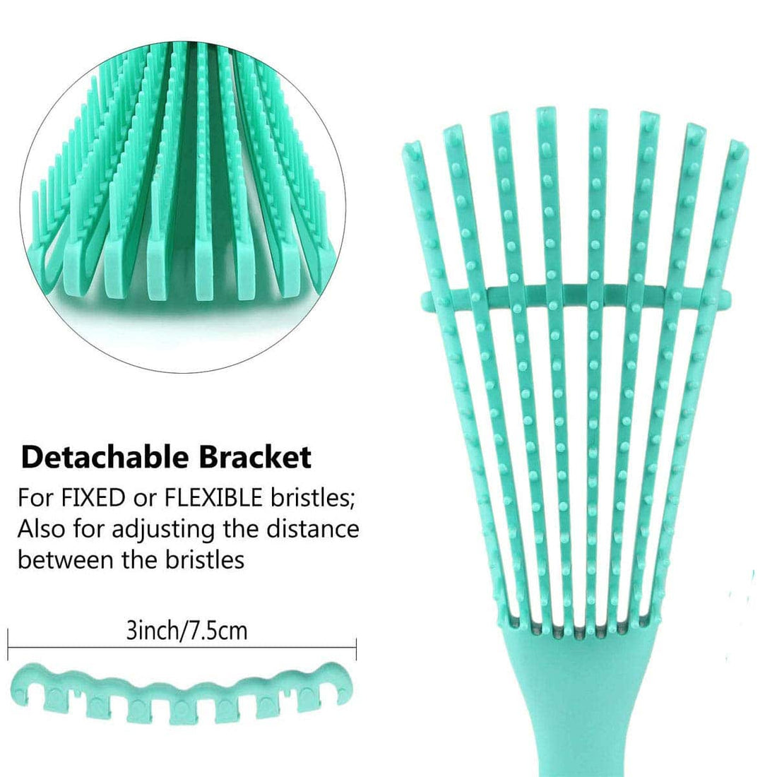 The detachable bracket that sets the detangling brush's bristles fixed or flexible