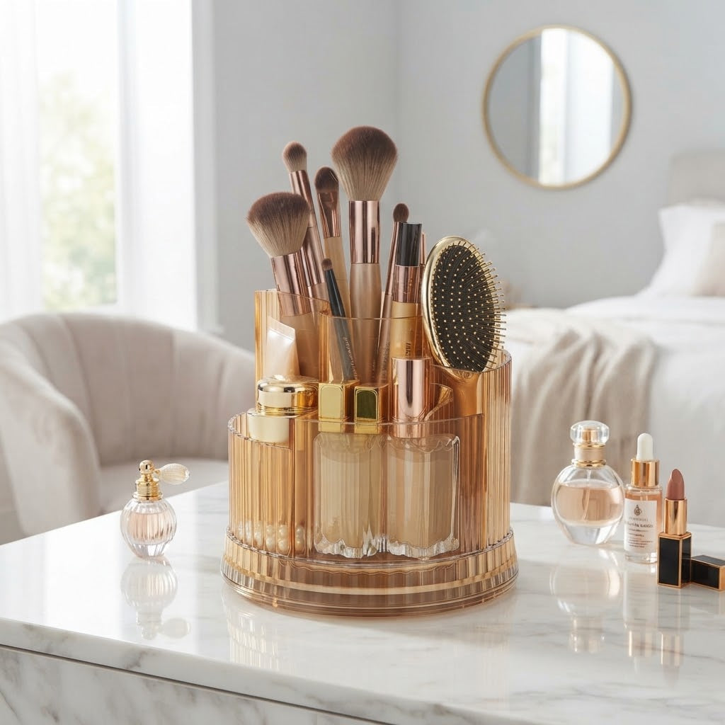 The amber brush organiser on a dressing table
